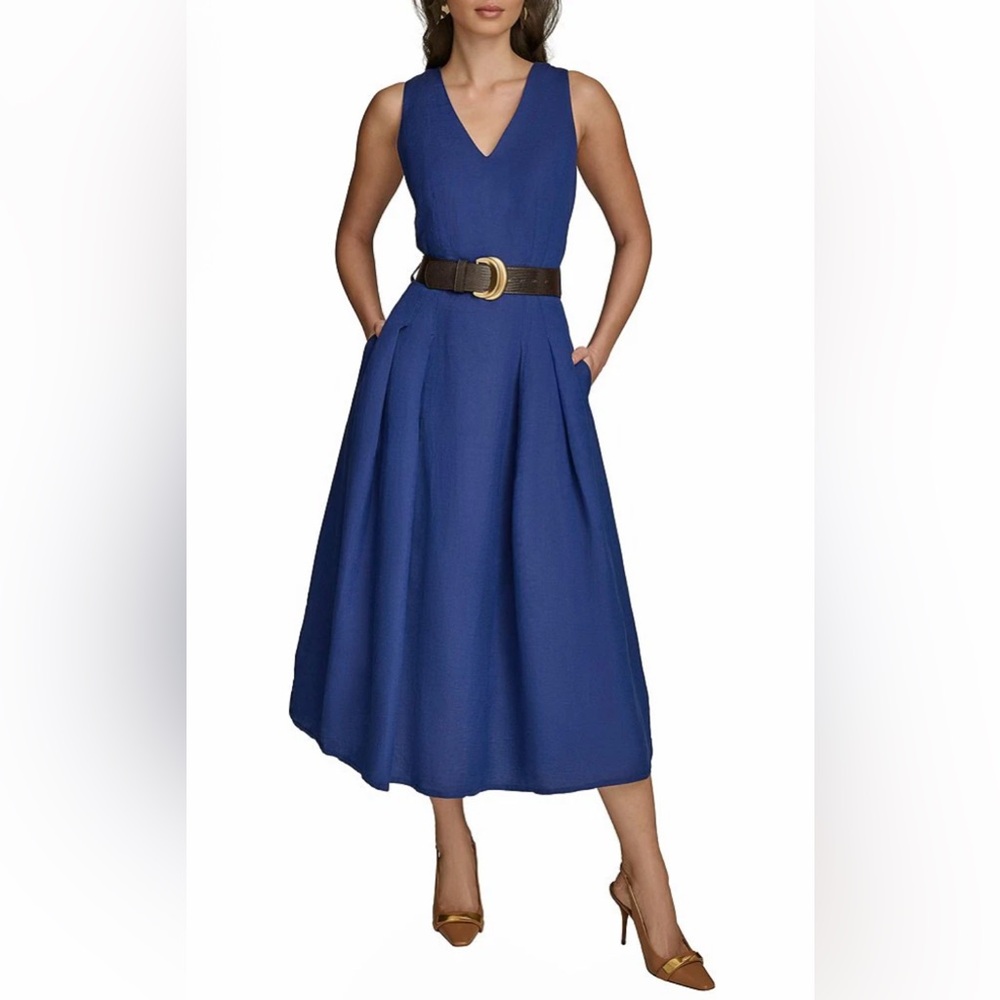 New Donna Karan Women’s V-Neck Sleeveless Belted Linen A-Line Blue Midi Dress - Picture 1 of 7